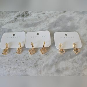 Lot Of 3 Brand New Stainless Steel Gold Plated CC Clover Drop Hoop Earrings -